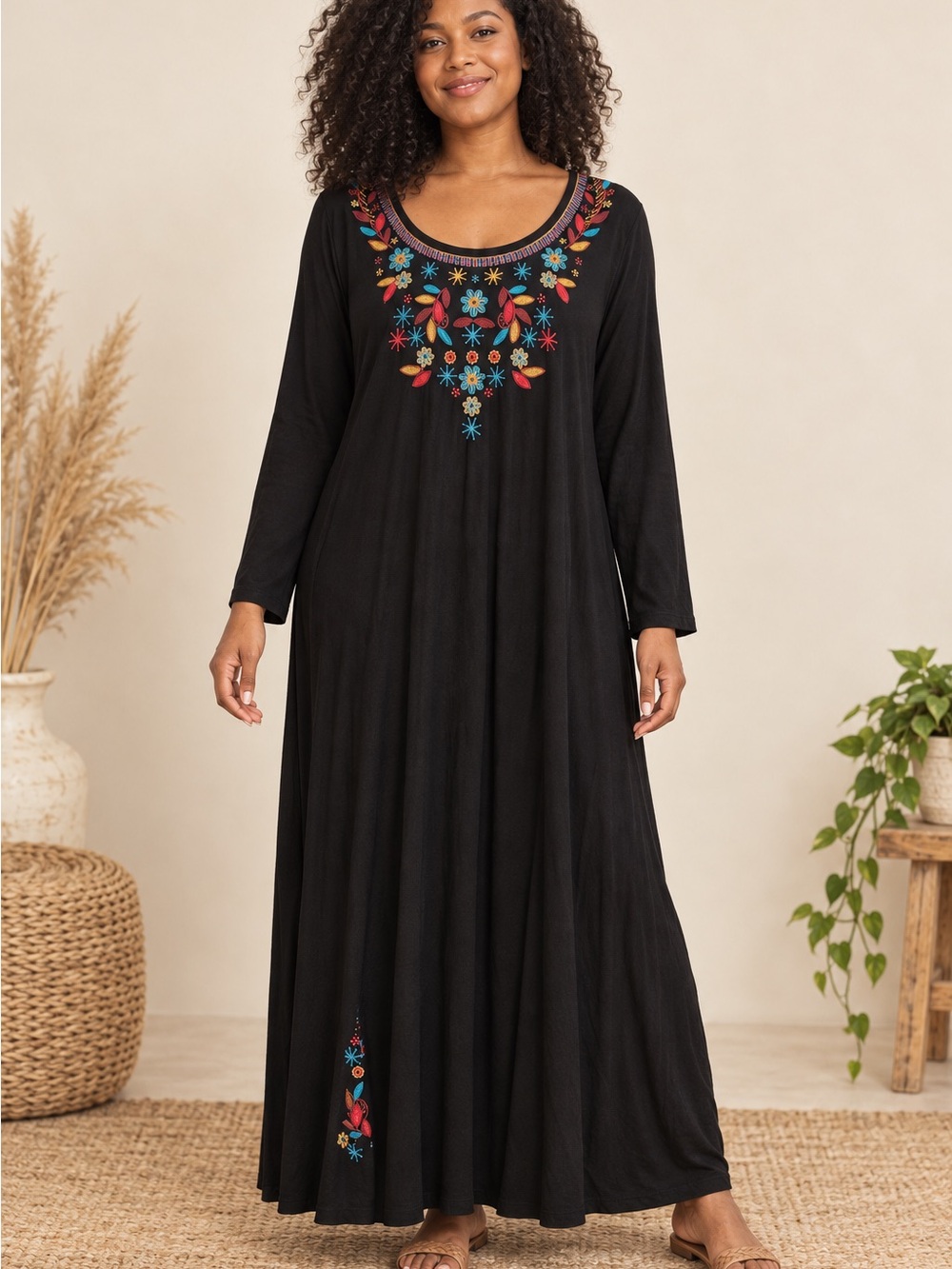 Soft Surroundings Black Maxi Dress with Colorful Embroidered Yoke SZ Large